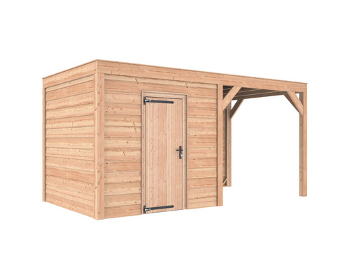 Houten tuinhuis met overkapping en deur