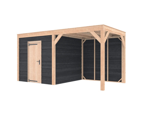 Houten tuinhuis met aangrenzende overkapping