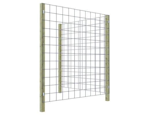 Tuinhek met houten palen en metalen raster