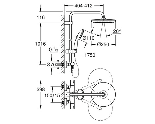 Technische tekening van een douchesysteem met maatvoering