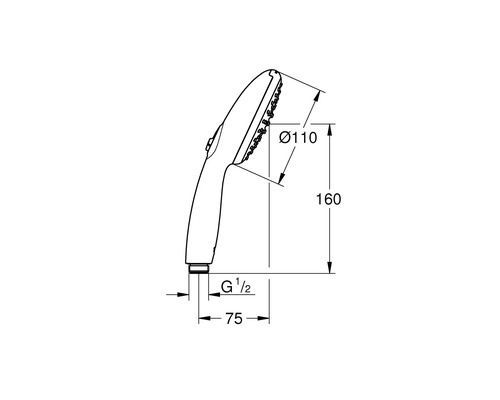 Technische tekening van een douchekop met afmetingen