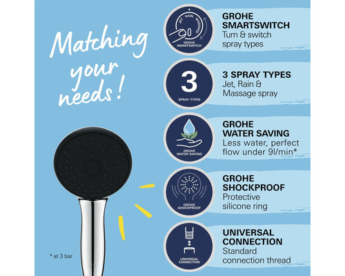 Grohe Smartswitch handdouche met drie straalsoorten, waterbesparende functie, stootbescherming en universele aansluiting