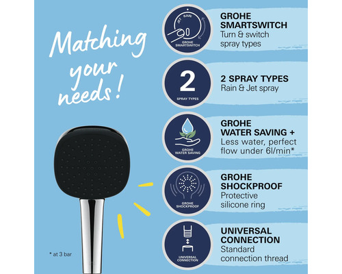 Grohe Smartswitch handdouche met twee straalsoorten, waterbesparende functie, stootbescherming en universele aansluiting