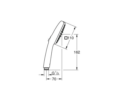 Technische tekening van een douchekop met afmetingen.