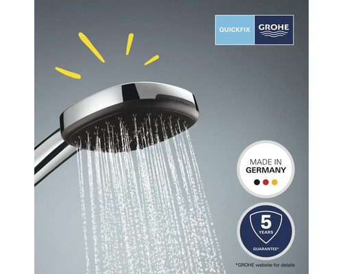 Handdouche met waterstraal, Grohe QuickFix logo, Made in Germany keurmerk, 5 jaar garantie keurmerk
