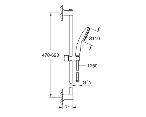 Technische tekening van een douchestang met handdouche en maatvoering