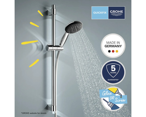 Douchestang met handdouche en waterdoorvoer, plus Grohe logo, Made in Germany keurmerk, vijf jaar garantie en lijm of schroef symbool