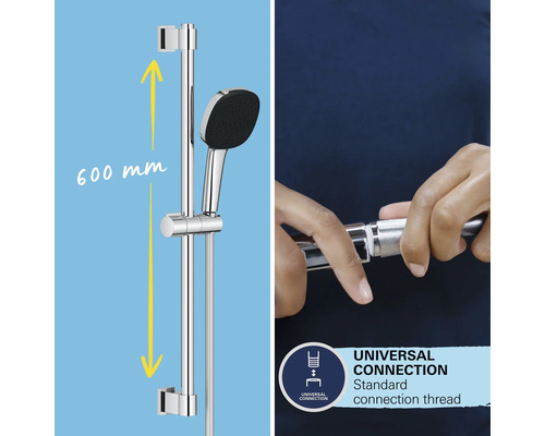 Douchestang met handdouche en maataanduiding 600 mm, evenals symbool voor universele aansluiting met standaard aansluitschroefdraad