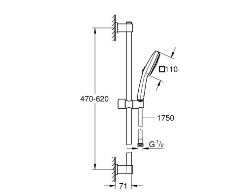 Technische tekening van een douchestangenset met afmetingen.