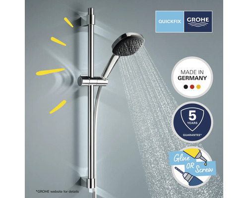 Douchestangset met metalen handdouche met waterstraal en de logo''s Grohe Quickfix, Made in Germany, 5 jaar garantie en Glue or Screw