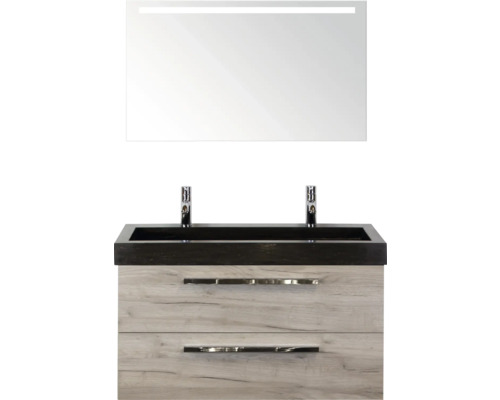 SANOX Badkamermeubelset Seville met spiegel en wastafel 101 cm craft oak Wastafelmeubel met twee lades, wastafel en spiegel met verlichting voor de badkamer