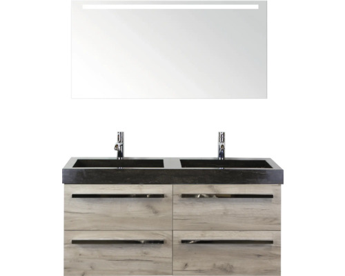 SANOX Badkamermeubelset Seville met spiegel en wastafel 121 cm craft oak Wastafelonderkast met twee wastafels en spiegel met verlichting