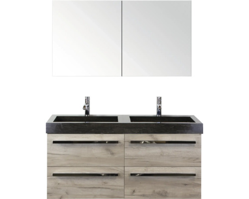 SANOX Badkamermeubelset Seville met spiegelkast en wastafel 121 cm craft oak Badkamer wastafelmeubel met twee wastafels, kranen, vier laden en spiegelkast