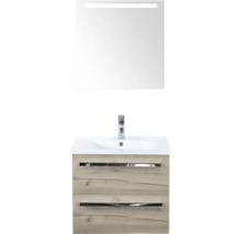 Wastafelmeubel met twee lades, opzetwastafel en verlichte spiegel voor de badkamer.
