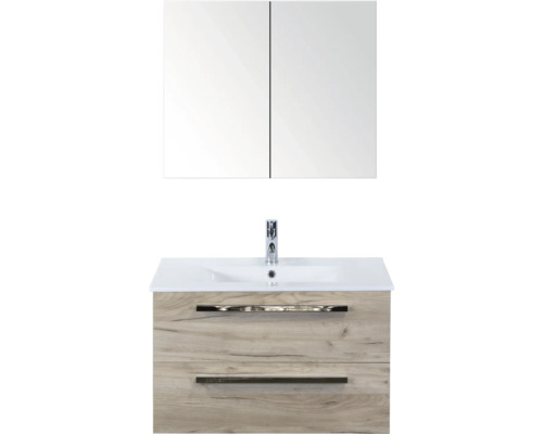 SANOX Badkamermeubelset Seville met spiegelkast en wastafel 81 cm craft oak Wastafelonderkast met twee laden, wastafel en spiegelkast