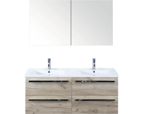 SANOX Badkamermeubelset Seville met spiegelkast en wastafel 121 cm craft oak Wastafelmeubel met dubbele wastafel, onderkast met laden en spiegelkast