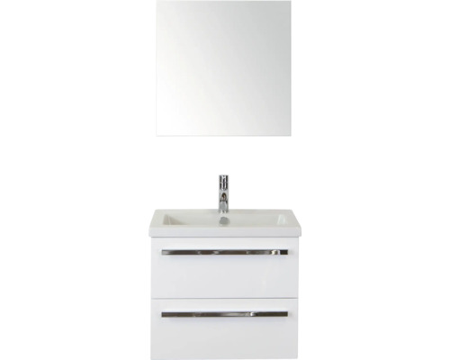 SANOX Badkamermeubelset Seville met spiegel en wastafel 61 cm wit hoogglans Witte wastafelonderkast met wastafel en spiegel voor de badkamer