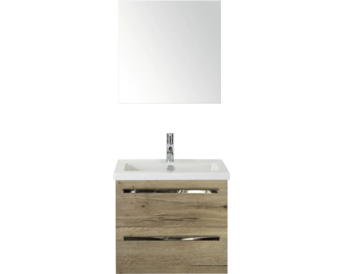 SANOX Badkamermeubelset Seville met spiegel en wastafel 61 cm natuur eiken Wastafelmeubel met spiegel en twee laden voor de badkamer