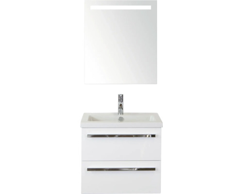 SANOX Badkamermeubelset Seville met spiegel en wastafel 61 cm wit hoogglans Wastafelmeubel met twee lades en spiegel met verlichting voor de badkamer