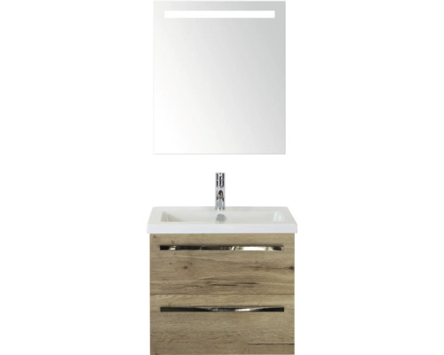 SANOX Badkamermeubelset Seville met spiegel en wastafel 61 cm natuur eiken Wastafelcombinatie met spiegel en twee lades in houtlook