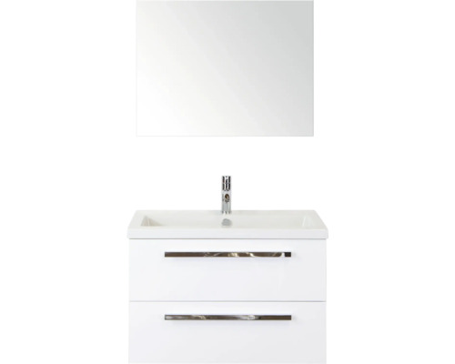 SANOX Badkamermeubelset Seville met spiegel en wastafel 81 cm wit hoogglans Wastafelmeubel met twee lades, wastafel en spiegel