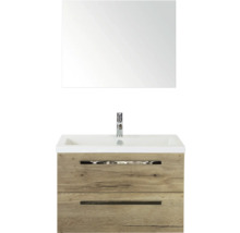 Wastafelcombinatie met spiegel, wastafel, kraan en onderkast met twee laden in houten design