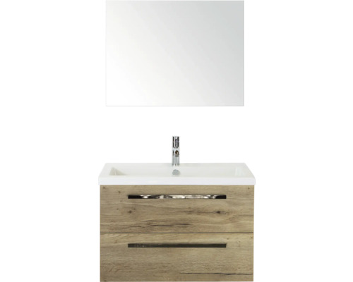 SANOX Badkamermeubelset Seville met spiegel en wastafel 81 cm natuur eiken Wastafelcombinatie met spiegel, wastafel, kraan en onderkast met twee laden in houten design