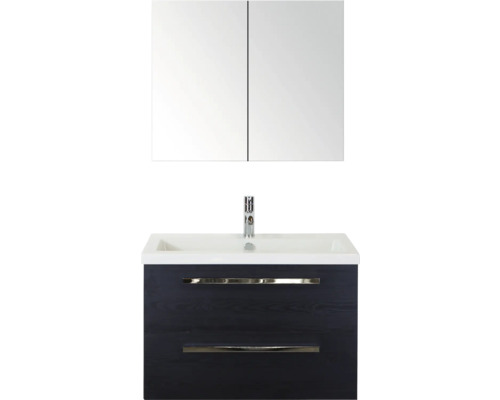 SANOX Badkamermeubelset Seville met spiegelkast en wastafel 81 cm black oak Wastafelmeubel met twee laden, wastafel en spiegelkast