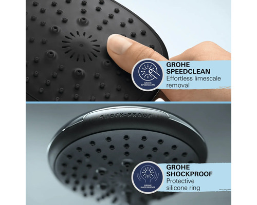 Grohe douchekop met SpeedClean functie voor moeiteloze kalkverwijdering en Shockproof beschermring.