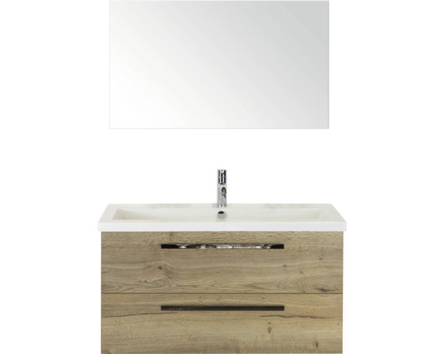 SANOX Badkamermeubelset Seville met spiegel en wastafel 101 cm natuur eiken Wastafelcombinatie met spiegel en twee lades in houtlook