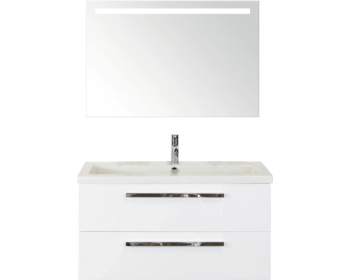 SANOX Badkamermeubelset Seville met spiegel en wastafel 101 cm wit hoogglans Wastafelmeubel met twee laden, wastafel en spiegel met verlichting