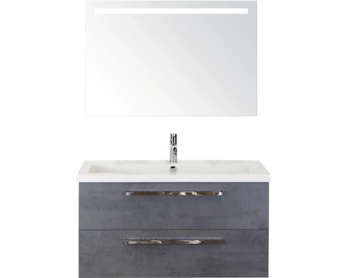 SANOX Badkamermeubelset Seville met spiegel en wastafel 101 cm beton antraciet Wastafelmeubel met wastafel, kraan, lades en spiegel met verlichting voor de badkamer