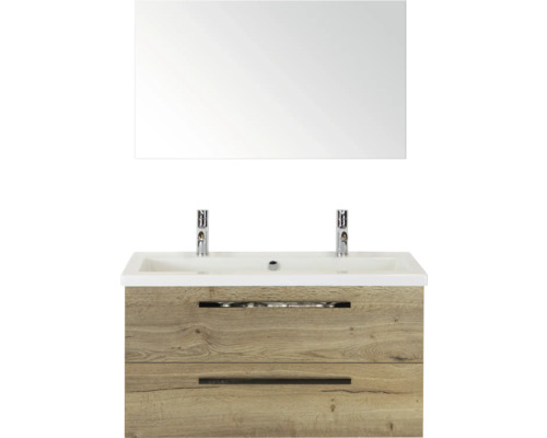 SANOX Badkamermeubelset Seville met spiegel en wastafel 101 cm natuur eiken Badkamermeubelset met wastafel, twee laden en spiegel