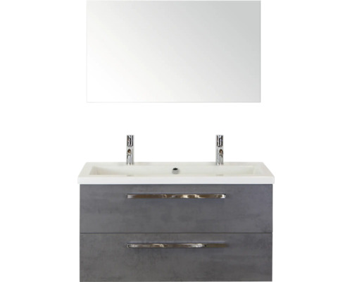 SANOX Badkamermeubelset Seville met spiegel en wastafel 101 cm beton antraciet Wastafelmeubel met twee lades, opzetwastafel en spiegel voor badkamer
