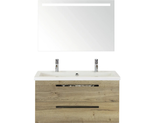 SANOX Badkamermeubelset Seville met spiegel en wastafel 101 cm natuur eiken Wastafelcombinatie met spiegel en twee lades
