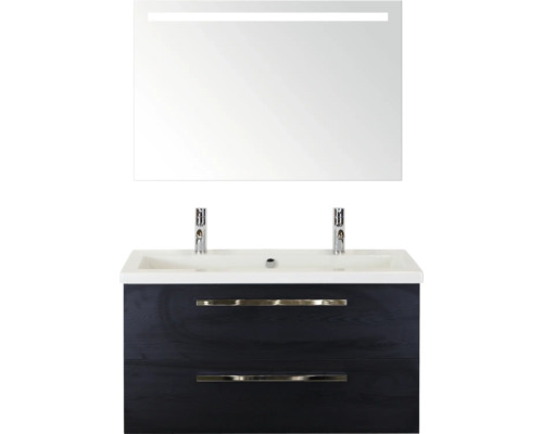 SANOX Badkamermeubelset Seville met spiegel en wastafel 101 cm black oak Wastafelcombinatie met onderkast, twee laden, wastafel en spiegel met verlichting