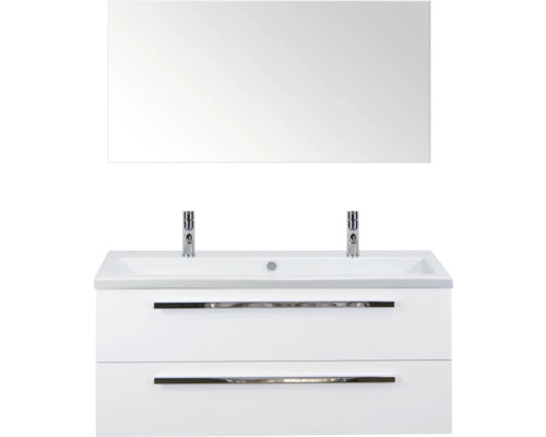 SANOX Badkamermeubelset Seville met spiegel en wastafel 121 cm wit hoogglans Wastafelmeubel met twee lades, wastafelblad, spiegel en armaturen voor de badkamer