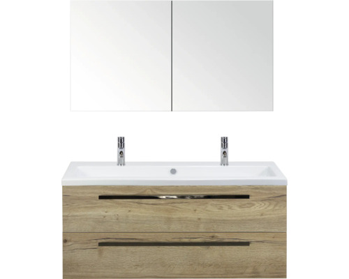 SANOX Badkamermeubelset Seville met spiegelkast en wastafel 121 cm natuur eiken Wastafelmeubel met twee laden, wastafel en spiegelkast voor de badkamer