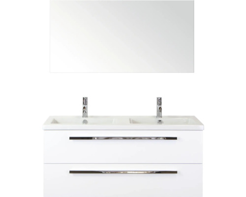SANOX Badkamermeubelset Seville met spiegel en wastafel 121 cm wit hoogglans Wastafelmeubel met twee wastafels, twee lades, kranen en spiegel voor de badkamer