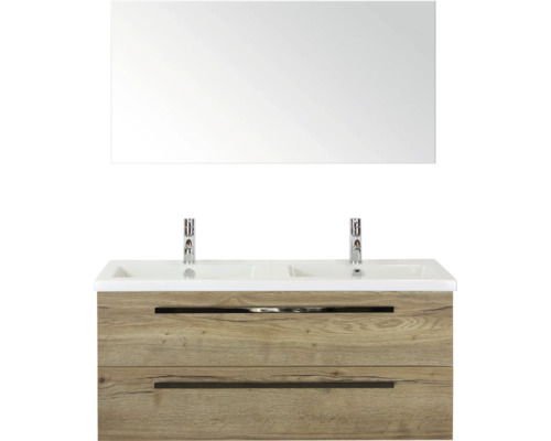SANOX Badkamermeubelset Seville met spiegel en wastafel 121 cm natuur eiken Wastafelmeubel met twee wastafels, kranen, lades en spiegel