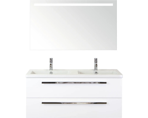 SANOX Badkamermeubelset Seville met spiegel en wastafel 121 cm wit hoogglans Wastafelmeubel met dubbele wasbak, twee laden en LED-spiegel