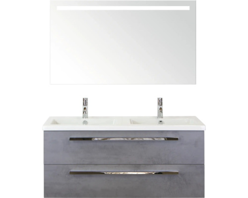 SANOX Badkamermeubelset Seville met spiegel en wastafel 121 cm beton antraciet Wastafelmeubel met twee wastafels, twee lades, armaturen en spiegel met ledverlichting