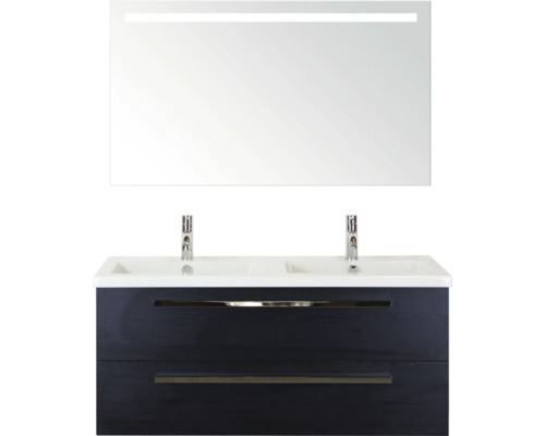 SANOX Badkamermeubelset Seville met spiegel en wastafel 121 cm black oak Wastafelmeubel met twee wastafels, onderkast en spiegel met verlichting