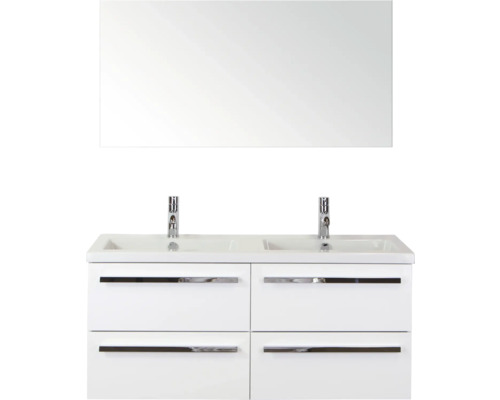 SANOX Badkamermeubelset Seville met spiegel en wastafel 121 cm wit hoogglans Dubbele wastafel met onderkast en spiegel voor de badkamer