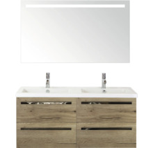 Wastafelmeubel met twee waskommen, houtstructuur en spiegel met verlichting voor de badkamer