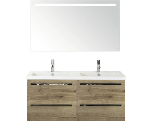 SANOX Badkamermeubelset Seville met spiegel en wastafel 121 cm natuur eiken Wastafelmeubel met twee waskommen, houtstructuur en spiegel met verlichting voor de badkamer