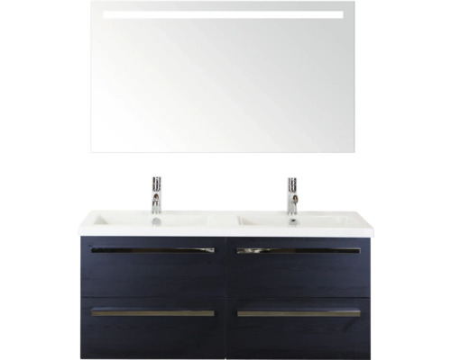 SANOX Badkamermeubelset Seville met spiegel en wastafel 121 cm black oak Wastafelmeubel met dubbele wasbak, onderkast en spiegel met verlichting
