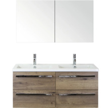 Wastafel met dubbele wasbak, houten onderkast en spiegelkast voor de badkamer