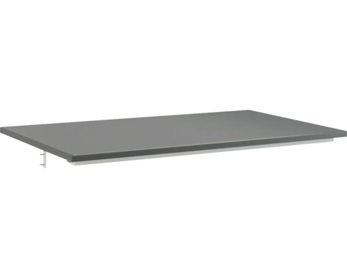 Grijze legplank met beugel voor wandmontage.