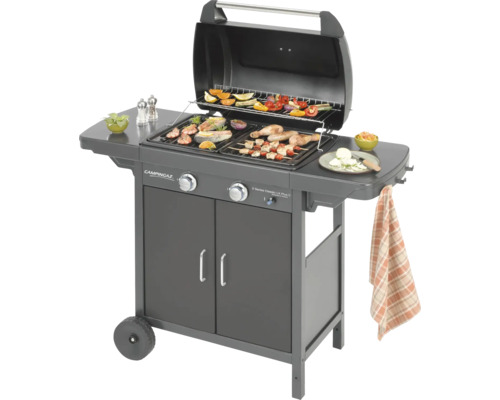 CampinGaz barbecue met gegrild voedsel, grillrooster, opbergvakken, wielen en kast